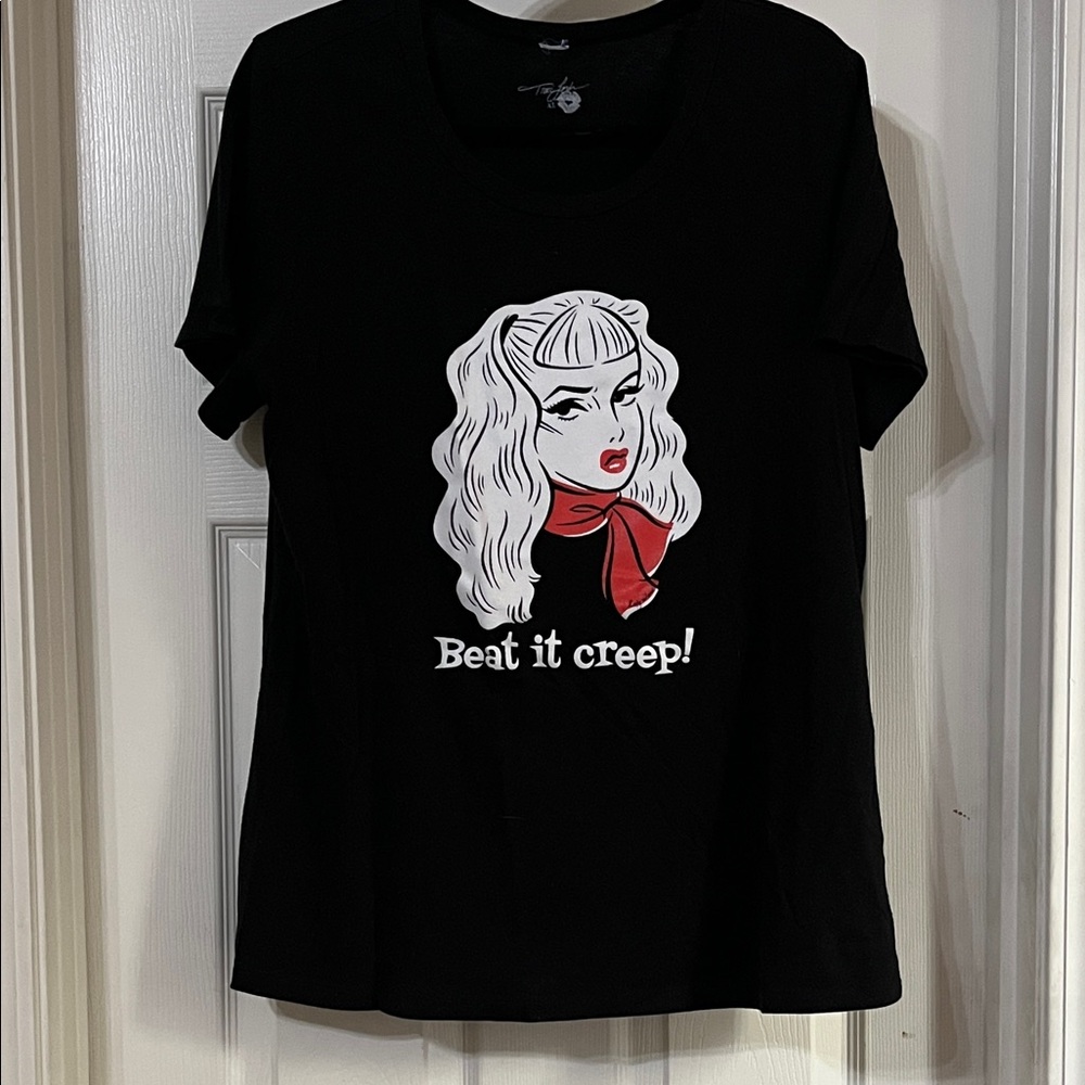 Stylish Black Graphic Tee with Red Scarf Design